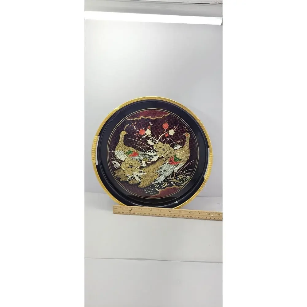 Vintage Asian Serving Tray Round Black Gold Pheasant Floral Design 12” Decorativ